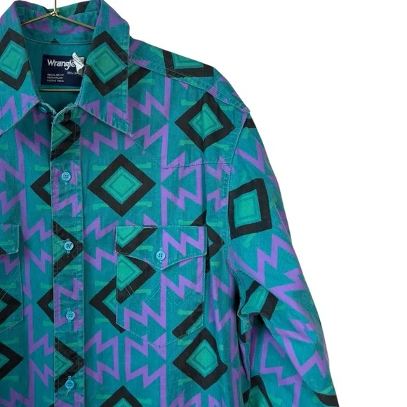Vintage 80s WRANGLER Brushpopper Teal Purple Heavy Western Cowboy Rodeo Shirt
